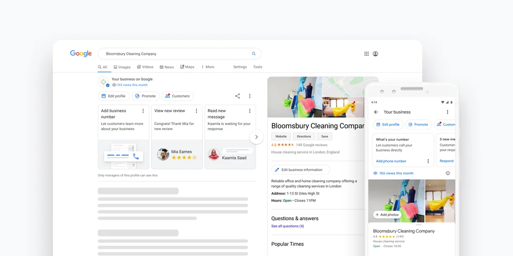 A Google Business Profile dashboard on desktop and mobile, showing how Tradewinds United Media optimizes a profile for local SEO.