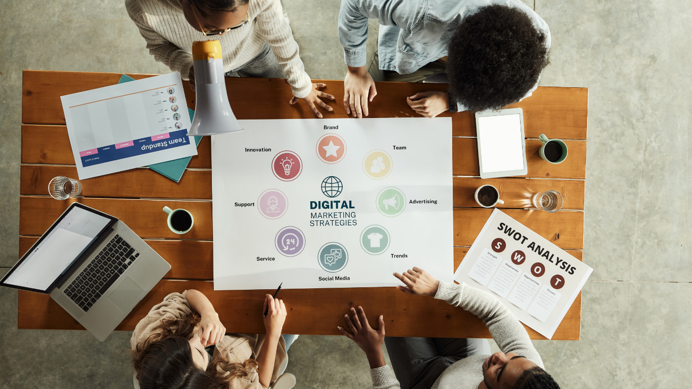 A marketing team meeting around a table to discuss a holistic digital marketing strategy that integrates SEO, Ads, and Social Media.