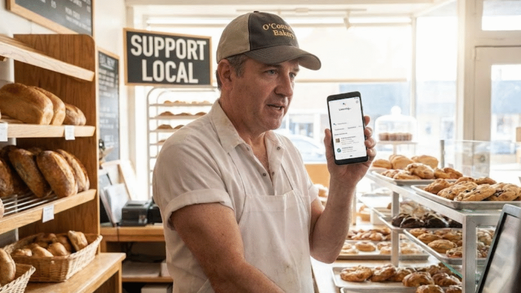 Local business owner checking voice search results on a smartphone