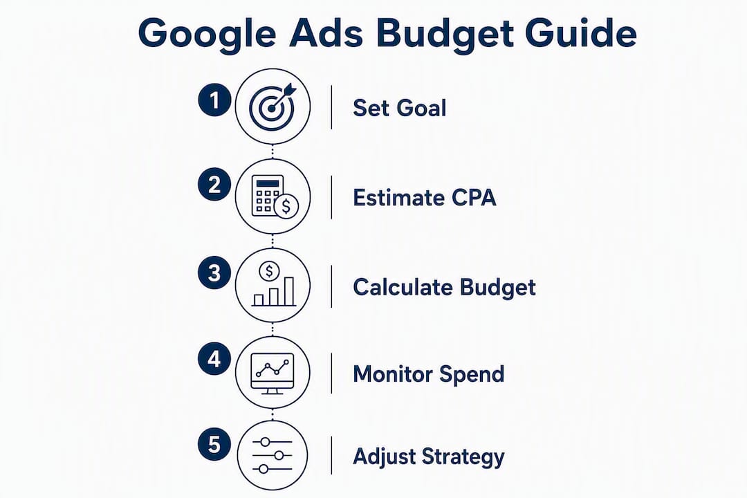 Infographic showing Google Ads budget planning steps