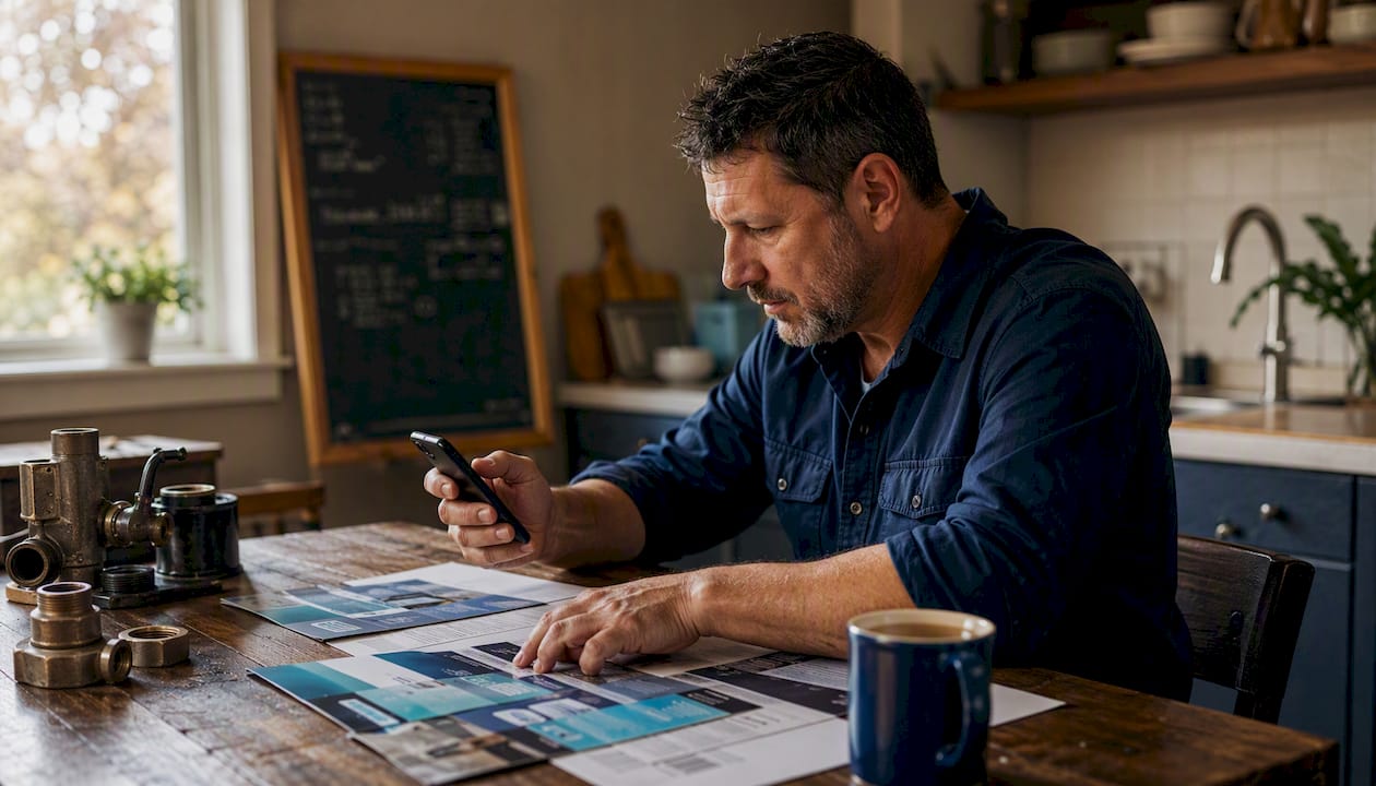 Plumber planning Google Ads budget on tablet