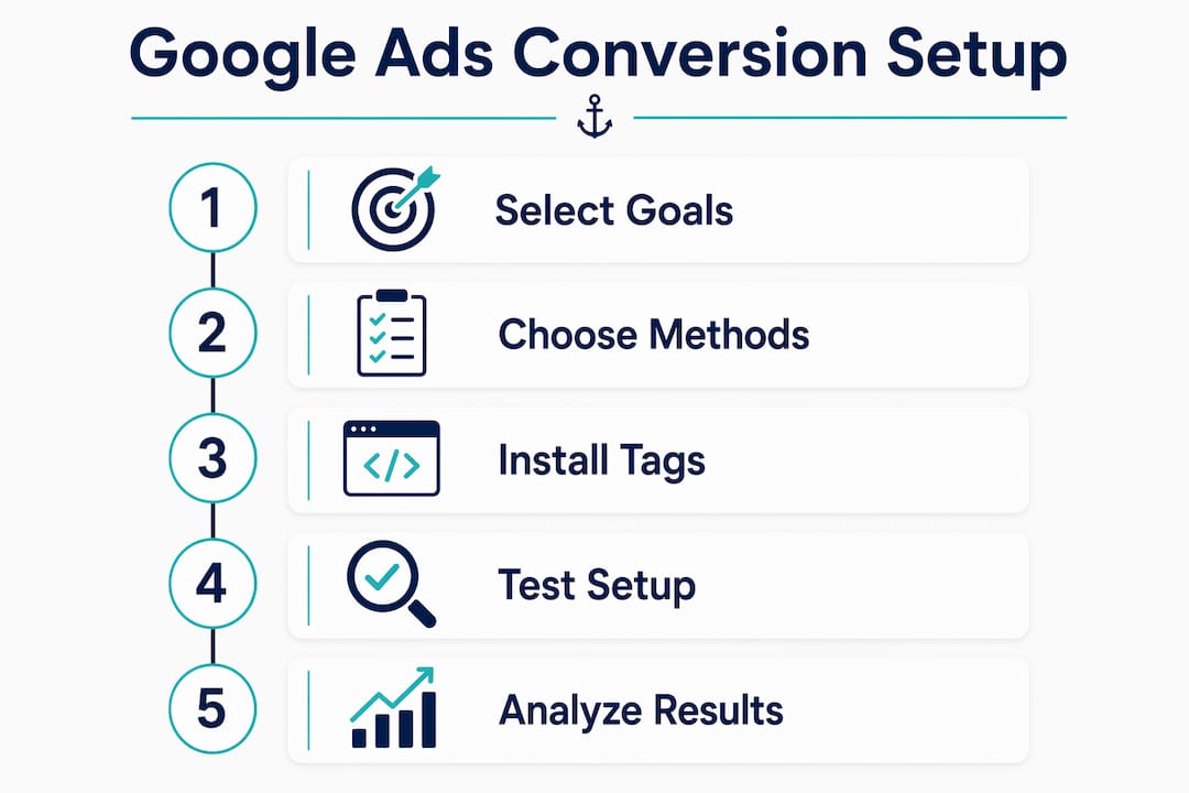 Infographic illustrating Google Ads conversion setup steps