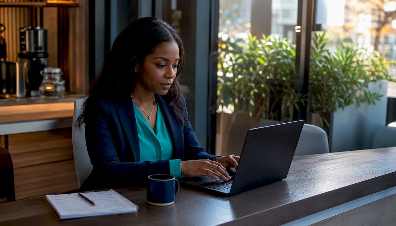 Receptionist using messaging on desktop computer