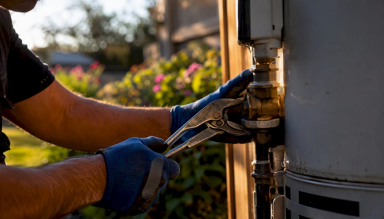 Technician repairing water heater pipe joint