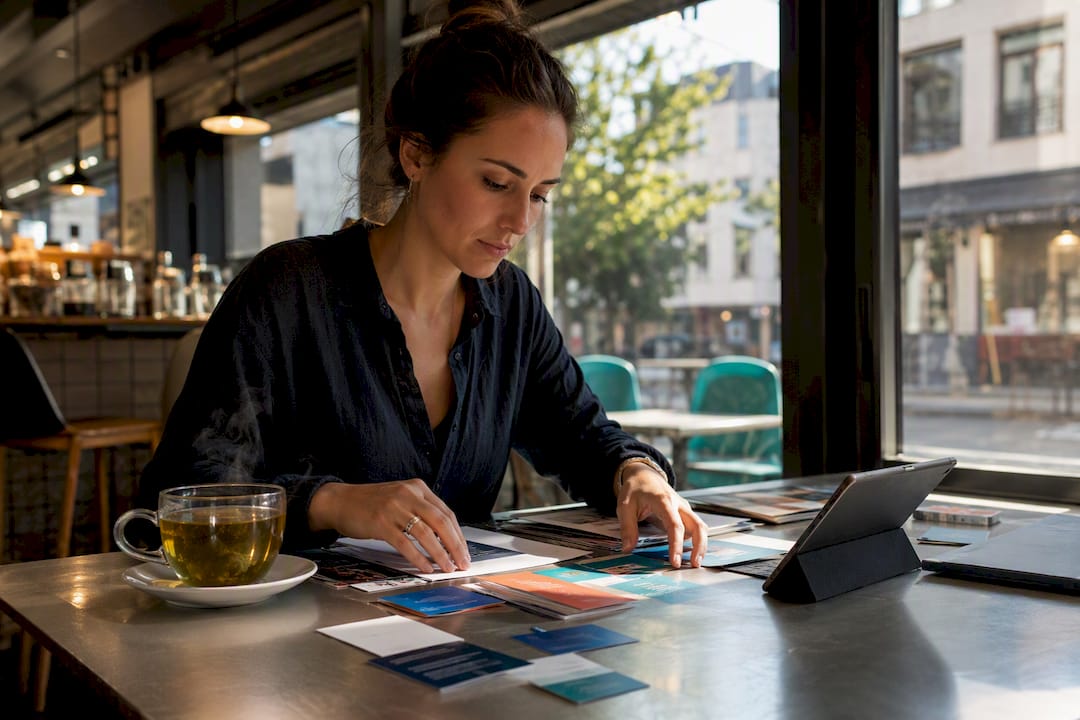 Hands organizing marketing materials on table