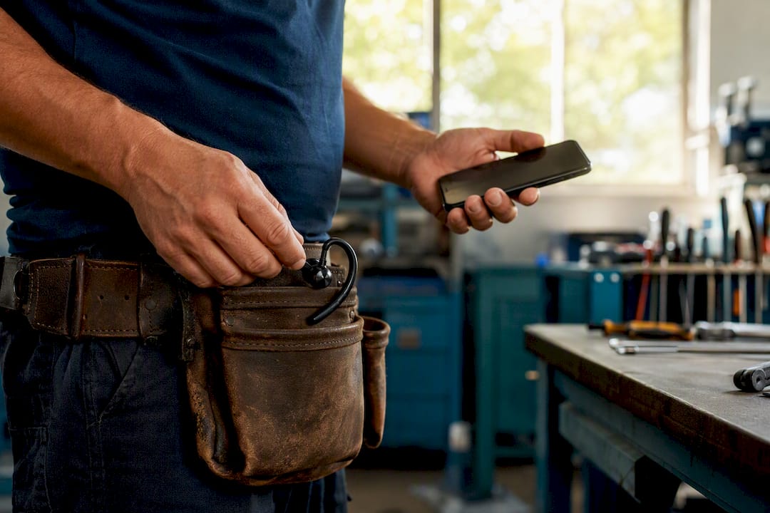 Technician preparing for calls with headset and phone