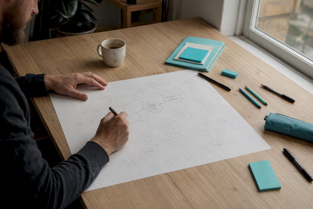 Hands sketching Google Ads campaign plan
