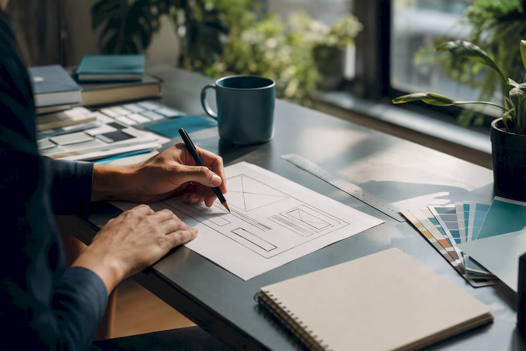 Hands sketching landing page layout on desk