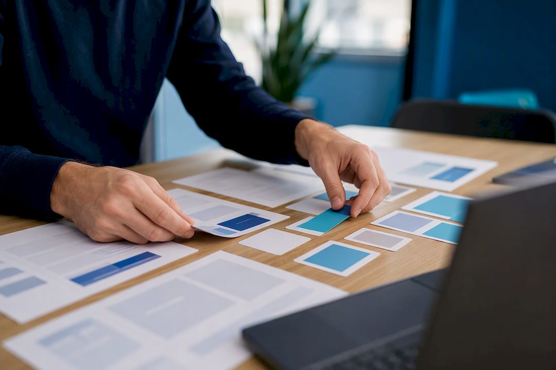 Hands arranging Google Ads campaign materials