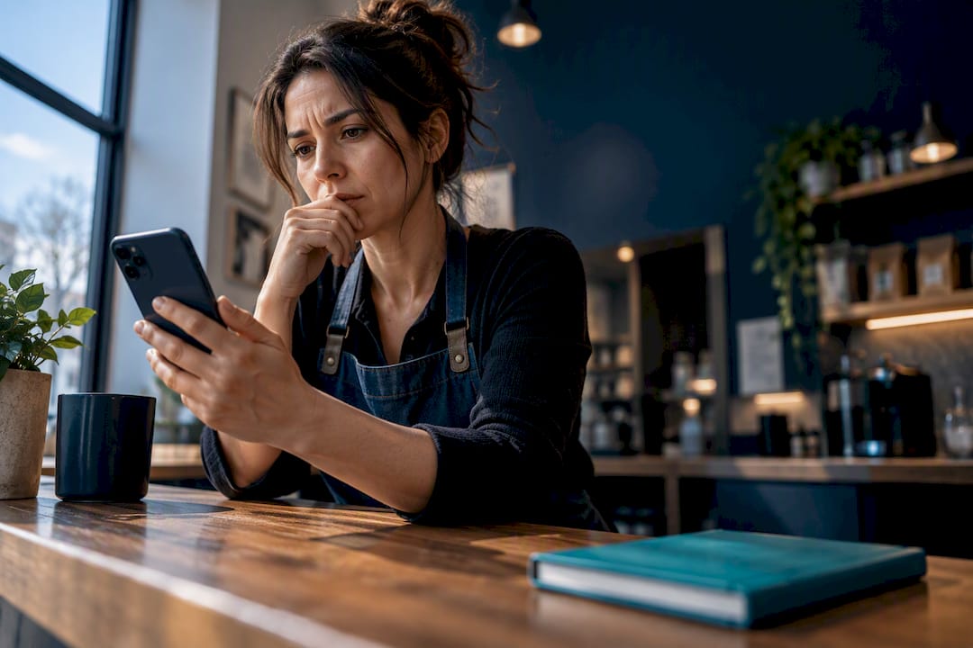 Business owner reviewing a negative customer review