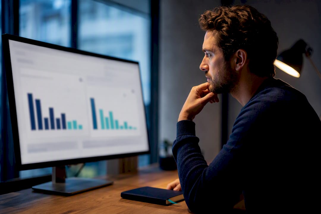 Analyst reviewing split search performance dashboard