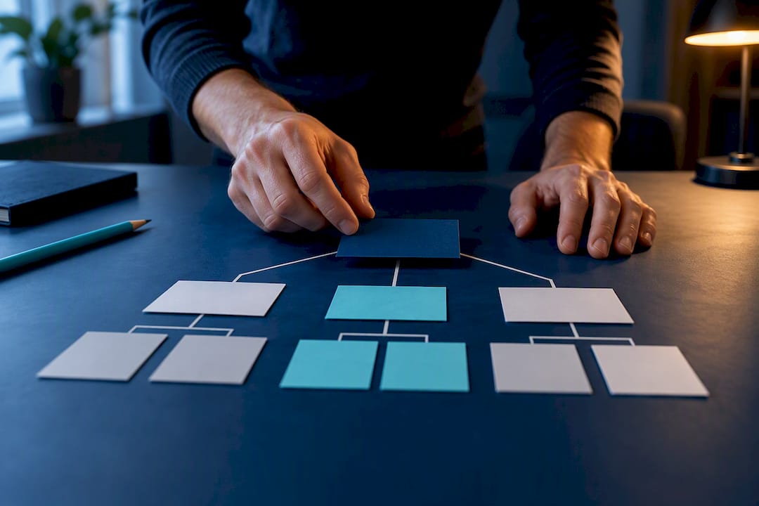 Hands arranging website structure cards